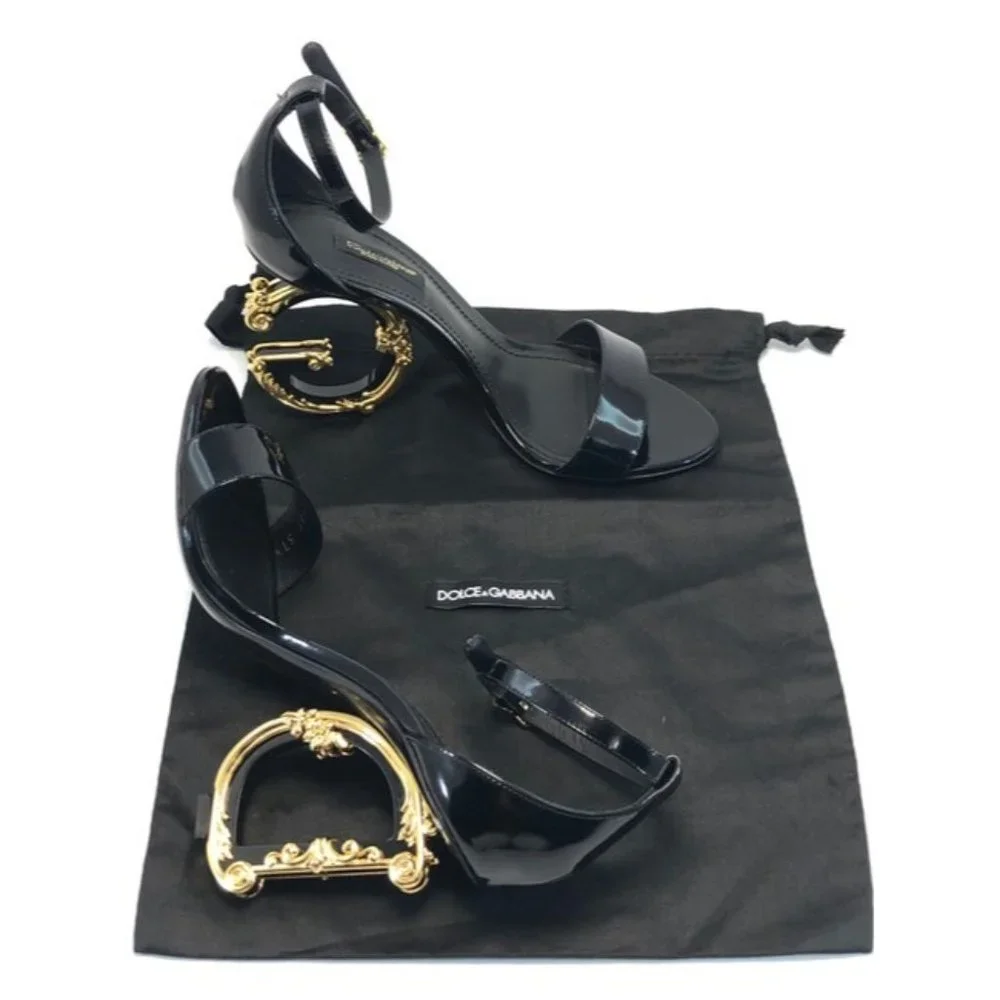 Dolce And Gabbana Black Sculpted Heel Patent Leather Sandals US7.5
